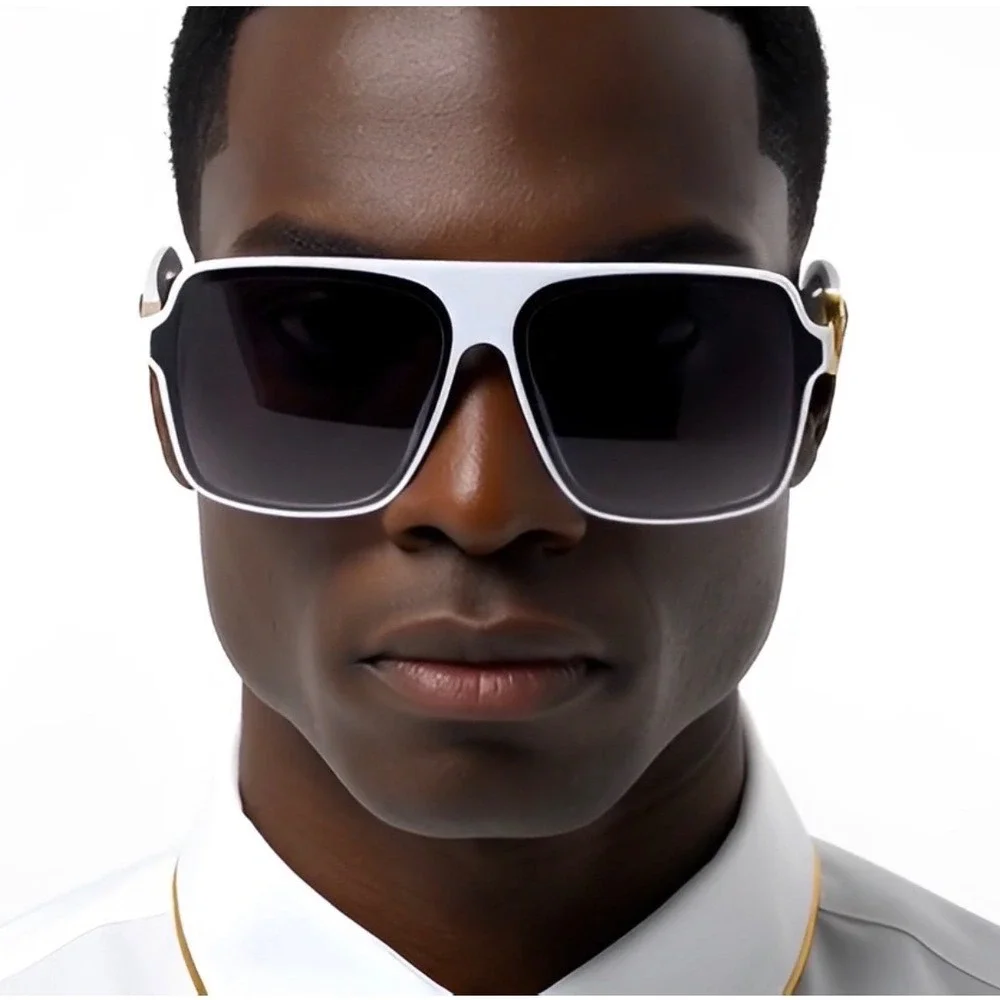 Mens White Oversized Square Sunglasses Gold‎ Lion Head Medallion Streetwear Rap